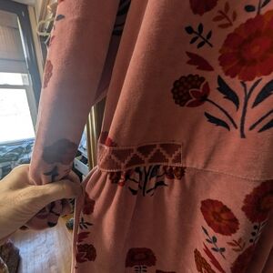 XL Gudrun Sjoden Velour Dress/Jacket Pink Floral Top with Red and Orange Accents